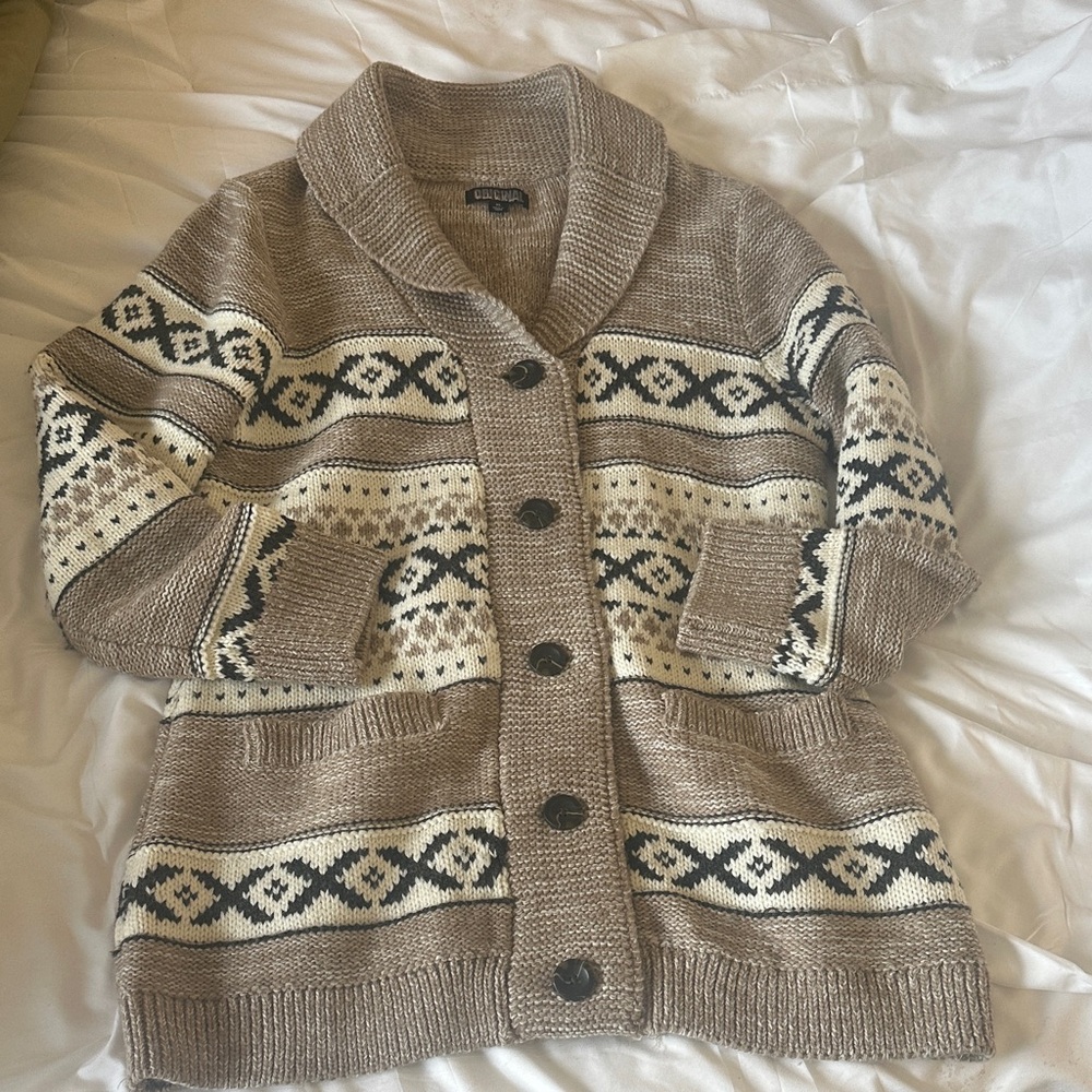 Nicole Miller Tan and Black Wool Blend Cardigan